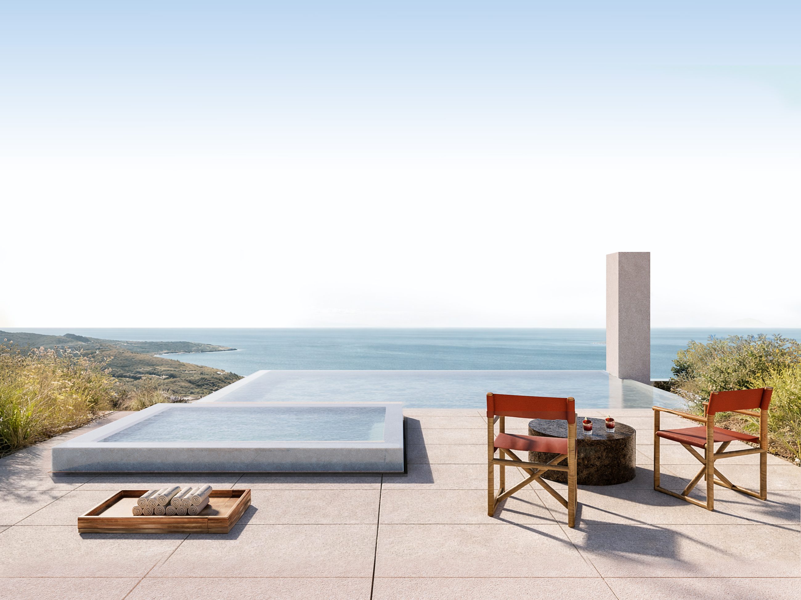 Terraza y alberca frente al mar, render