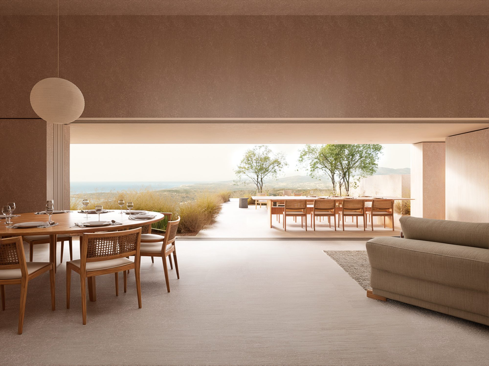 Comedor abierto a la terraza, render