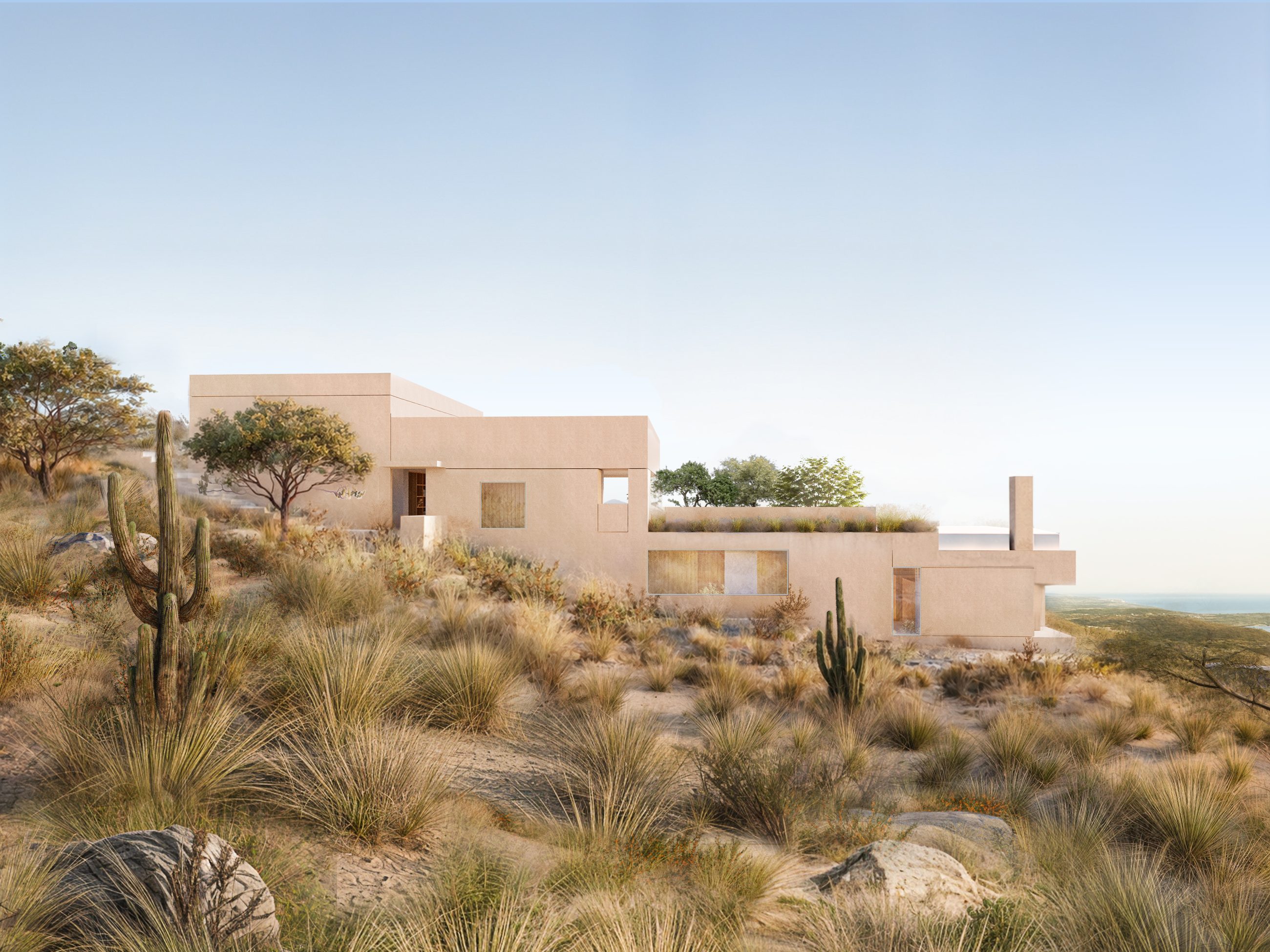 Montaña en la ladera, con vegetación nativa y vista al mar, render