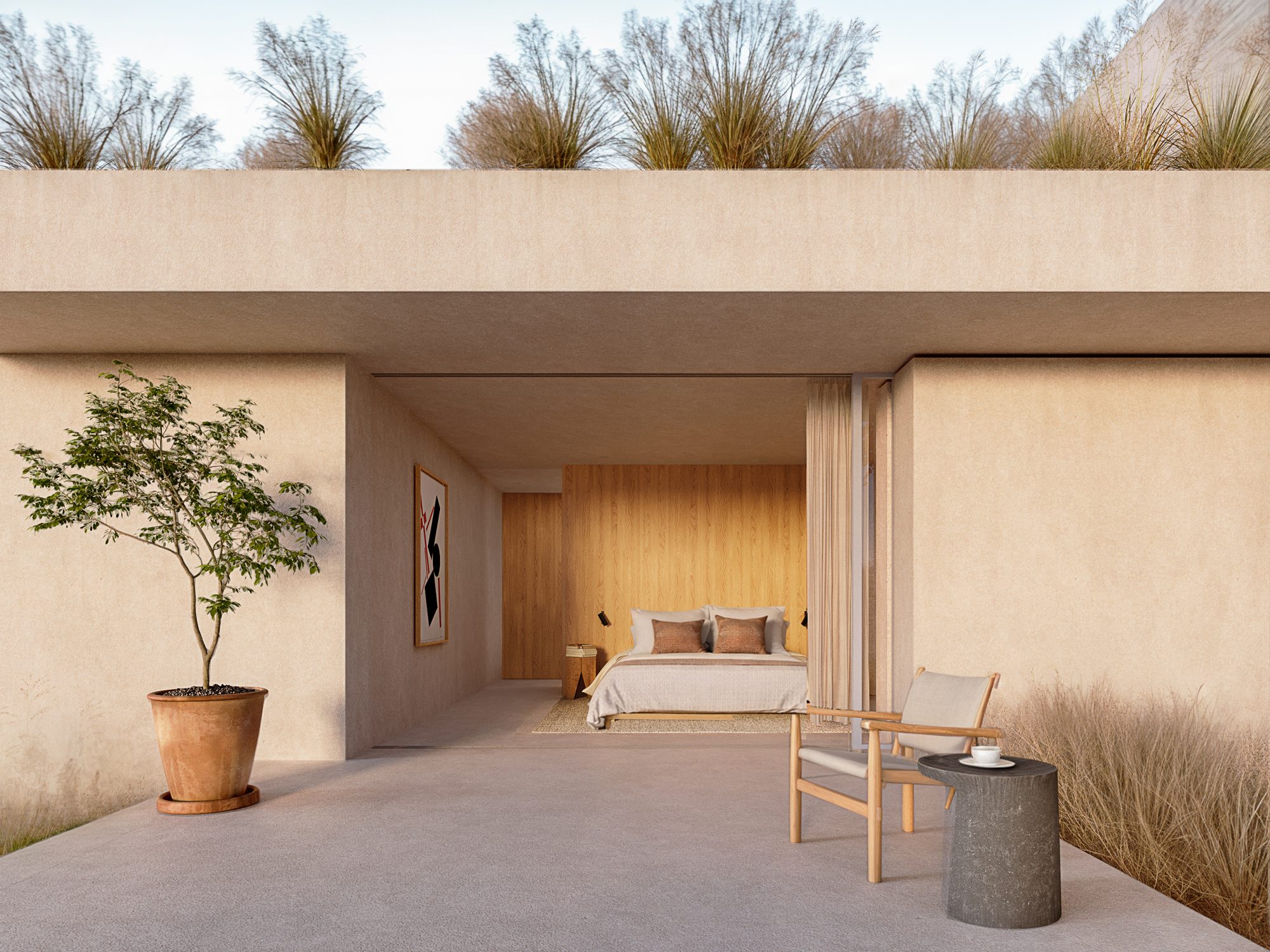 Recámara frente a un patio, render