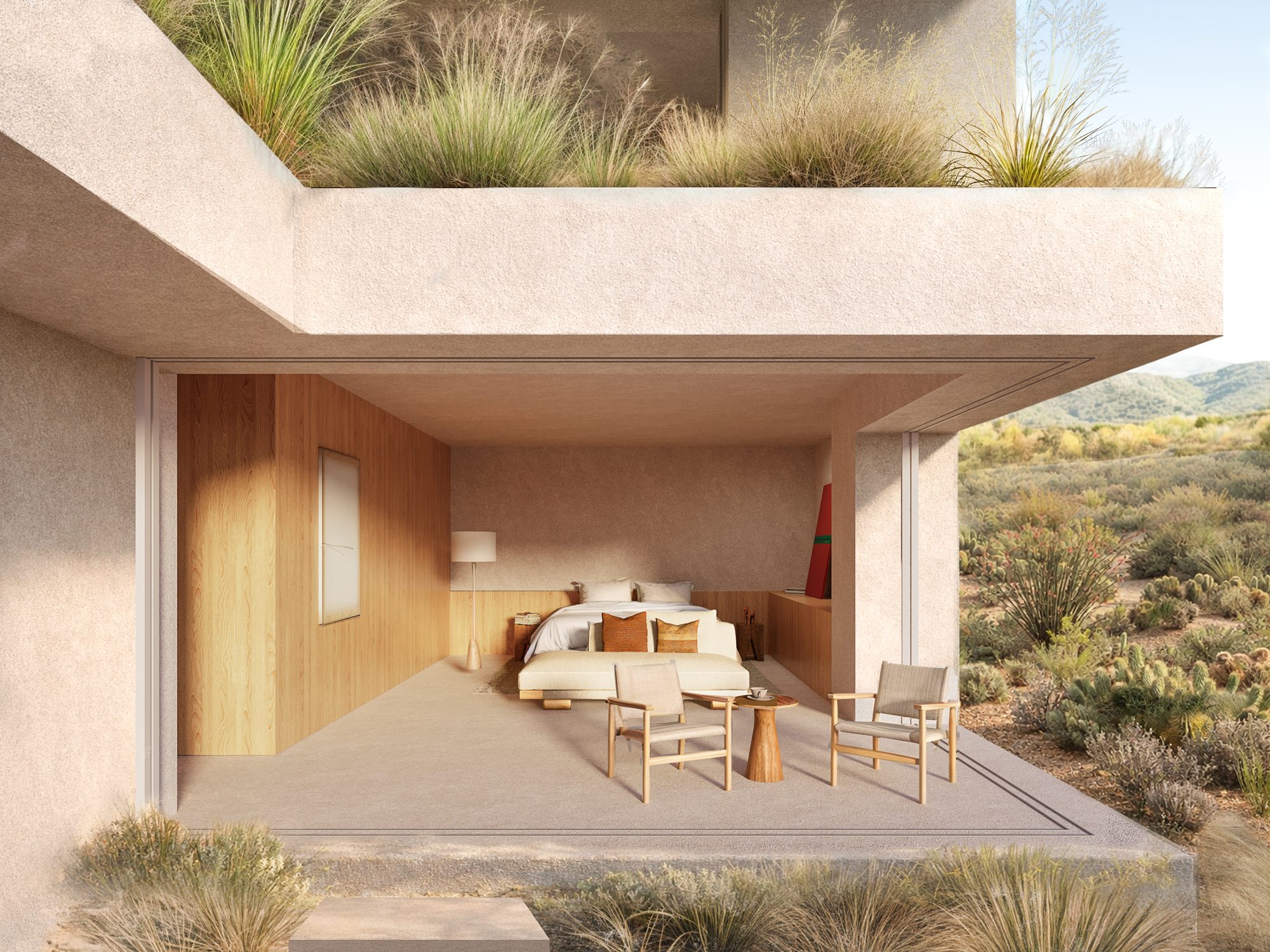 Recámara con terraza y vegetación nativa, render