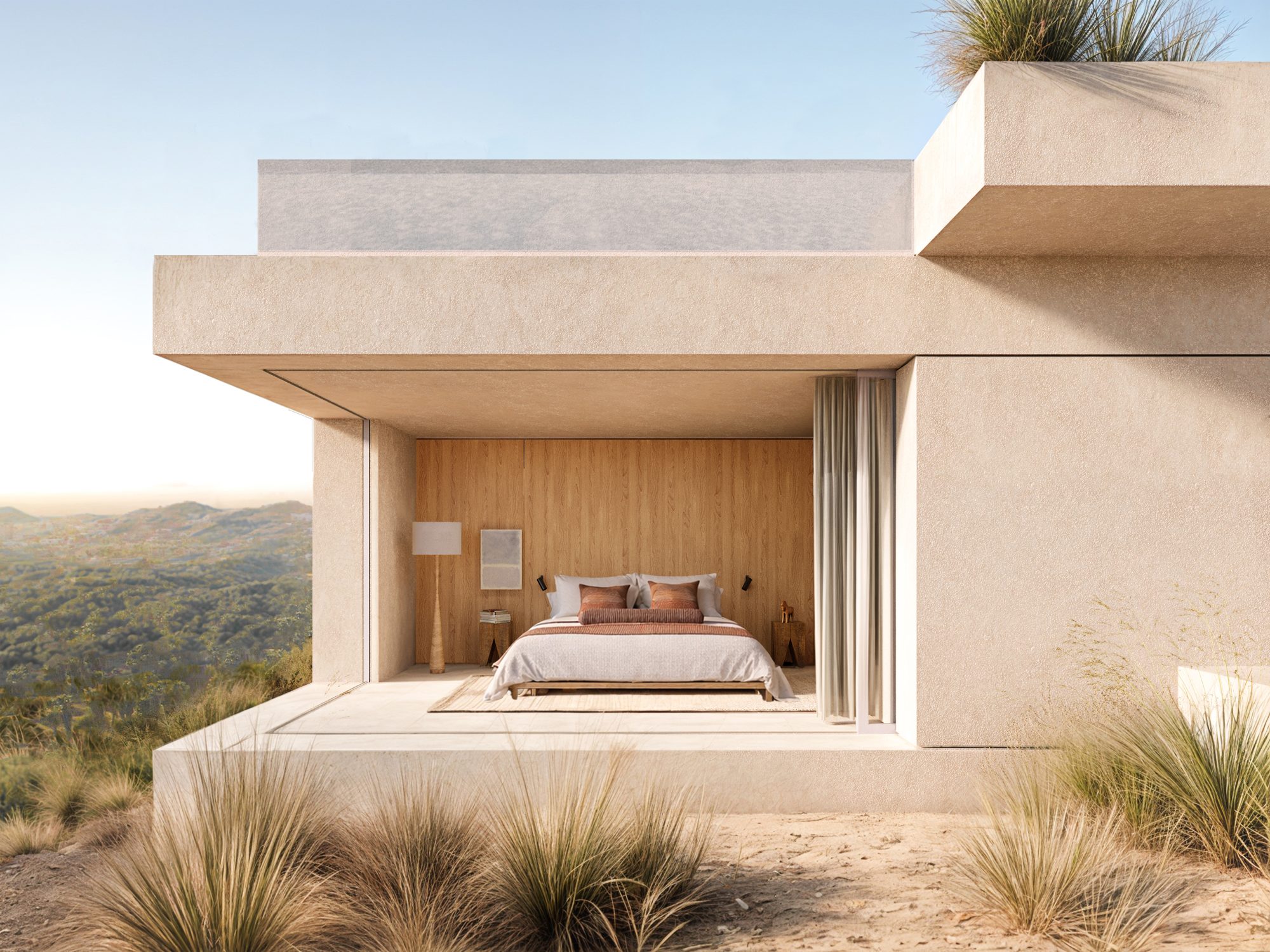 Recámara abierta al paisaje, render