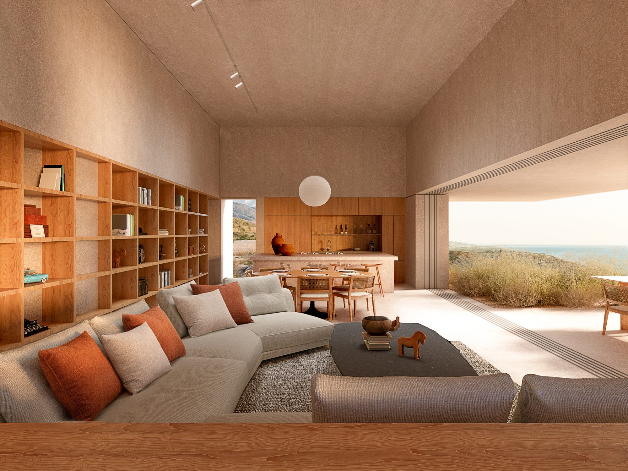 Sala con libreros de madera, render