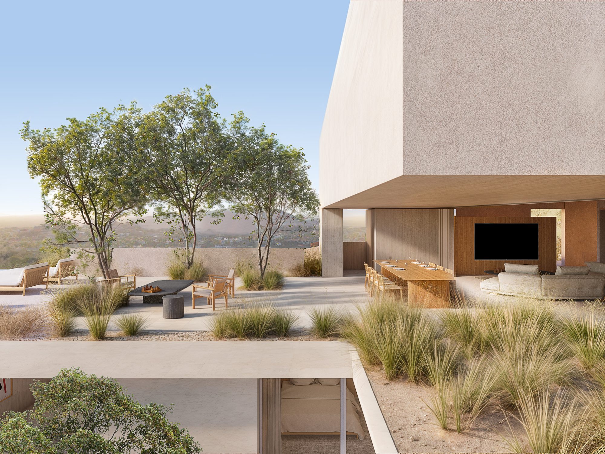 Sala exterior bajo el volado, render
