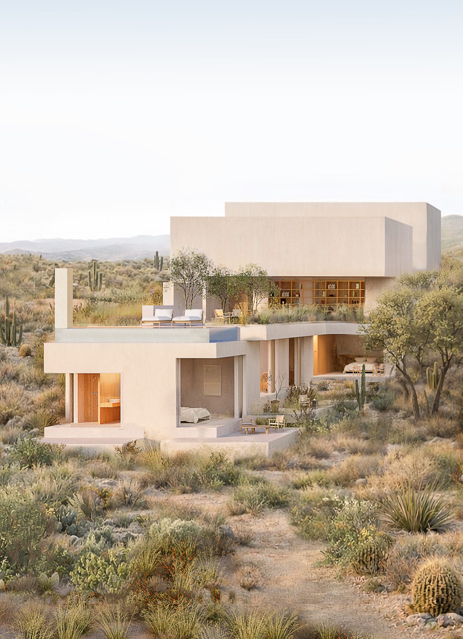 Montaña, vista de la residencia en la ladera, render